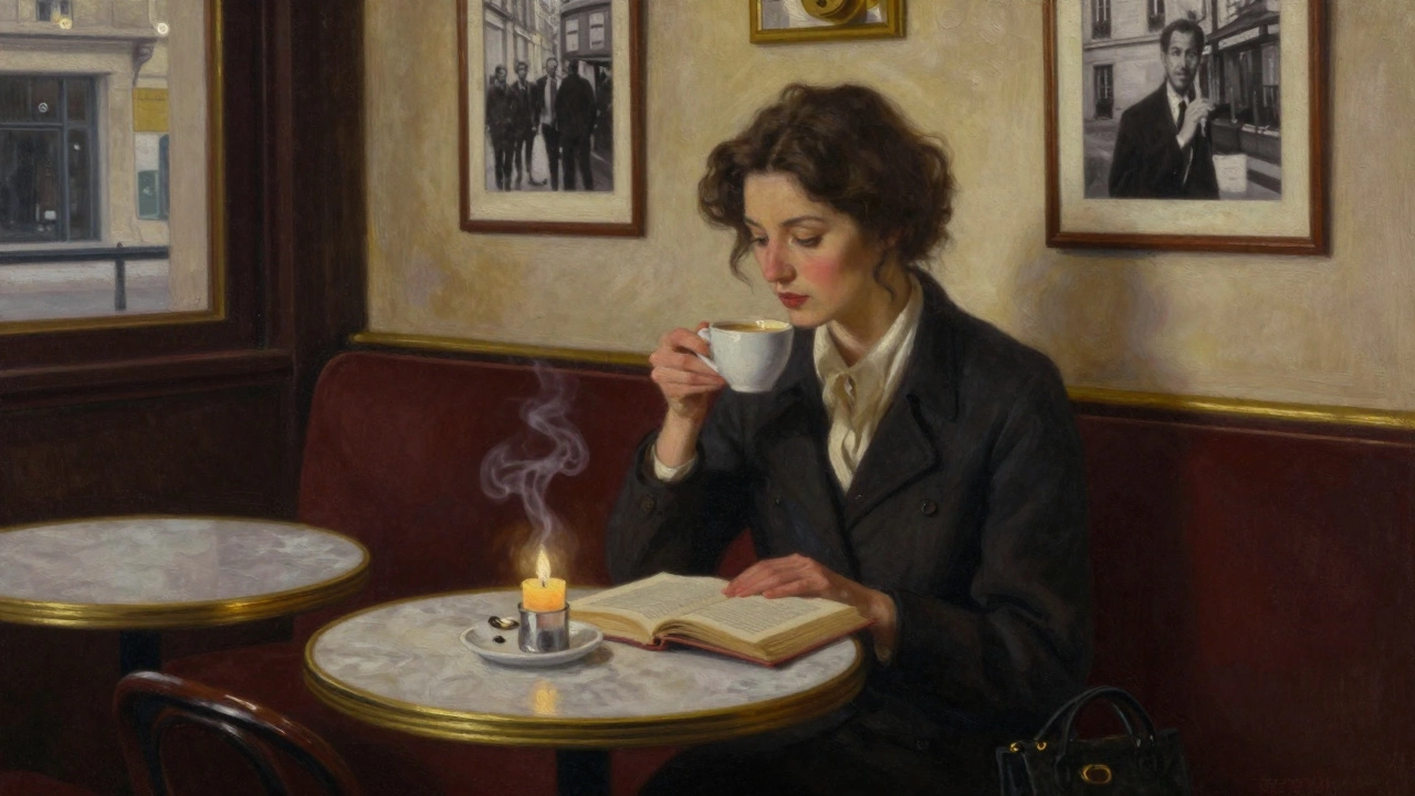 A woman sits calmly in a Paris café at night, coffee steaming beside an open book, candlelight casting soft shadows.