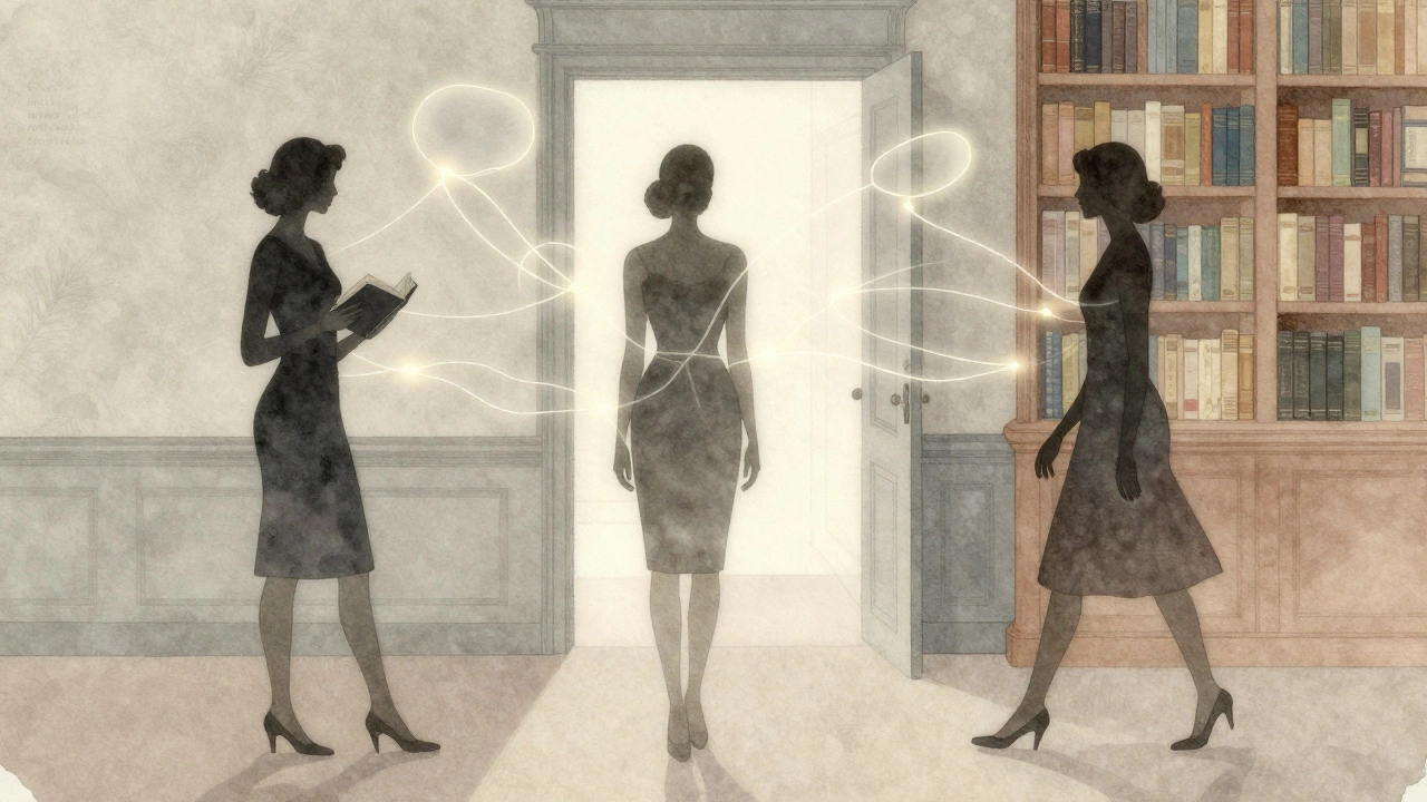 Three elegant silhouettes of women connected by glowing threads, symbolizing trust and autonomy in quiet moments.